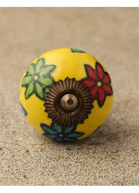 Yellow Base Ceramic Knob With Red, Green And Turquoise Flowers
