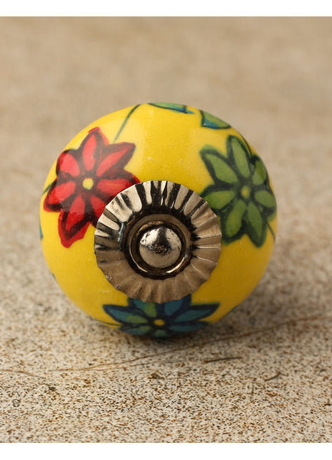 Yellow Base Ceramic Knob With Red, Green And Turquoise Flowers