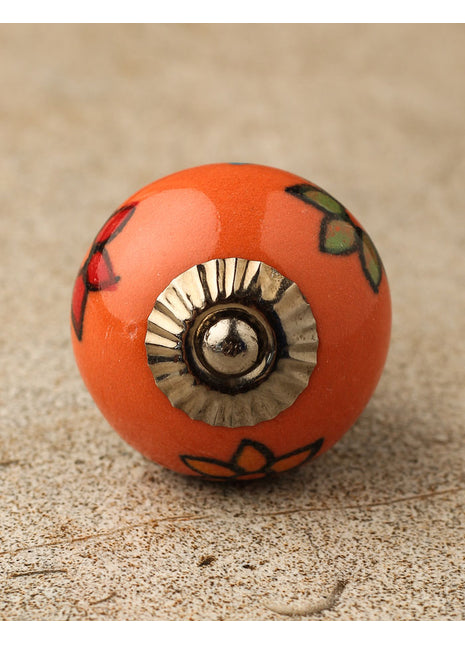 Round Orange Cabinet Knob With Beautifully Hand Painted Flowers
