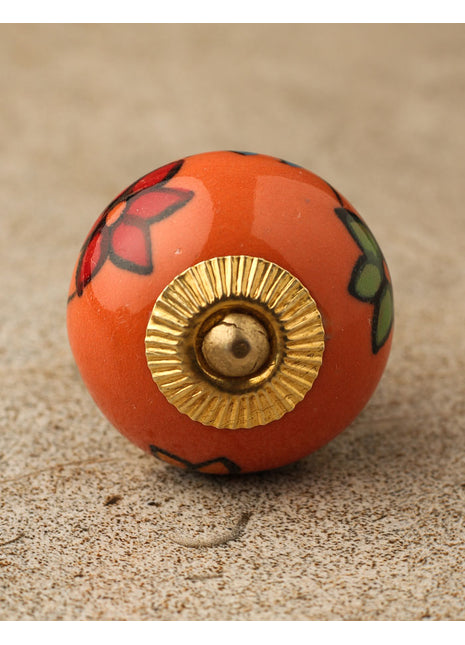Round Orange Cabinet Knob With Beautifully Hand Painted Flowers
