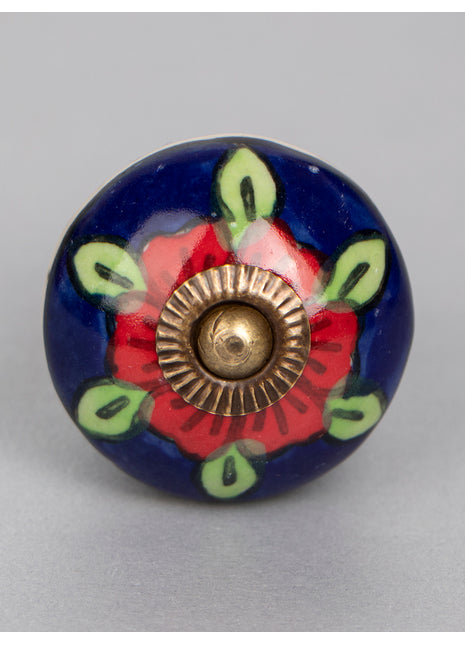 Elegant Blue Ceramic Cabinet Knob With Green Leaves