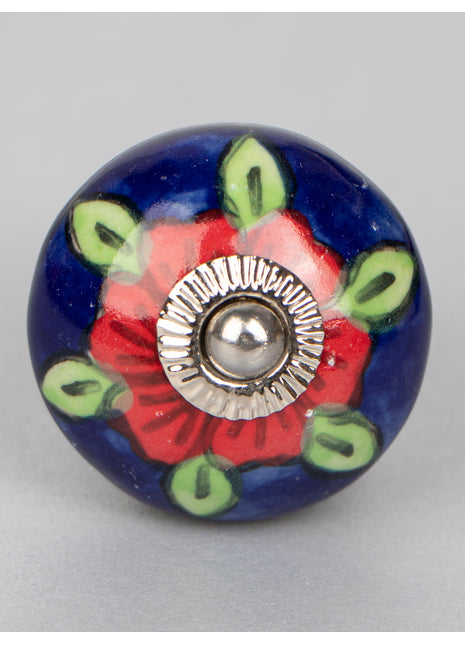 Elegant Blue Ceramic Cabinet Knob With Green Leaves