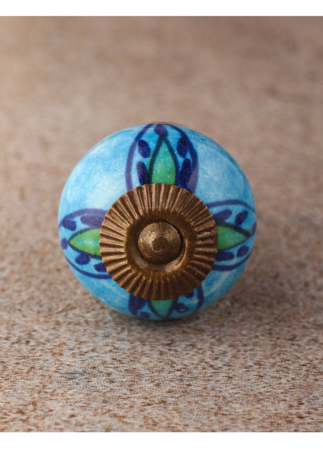 Turquoise Base Ceramic Knob With Multicolor Print