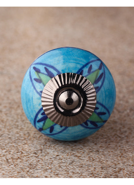 Turquoise Base Ceramic Knob With Multicolor Print