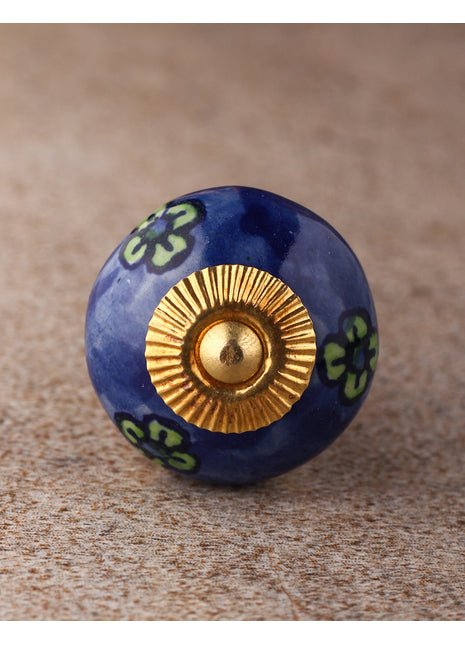 Elegant Blue Ceramic Cabinet Knob With Green Flowers