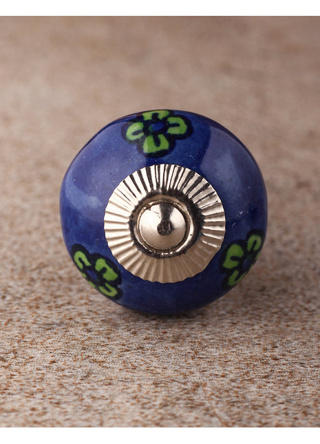 Elegant Blue Ceramic Cabinet Knob With Green Flowers