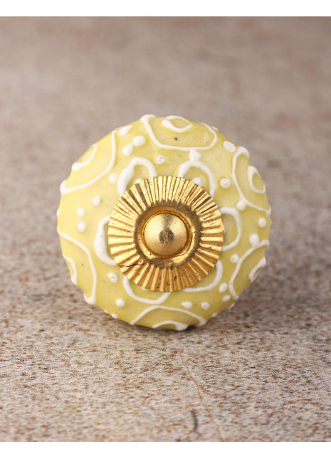 Handmade Yellow Ceramic Knob With White Cracked Embossed Design