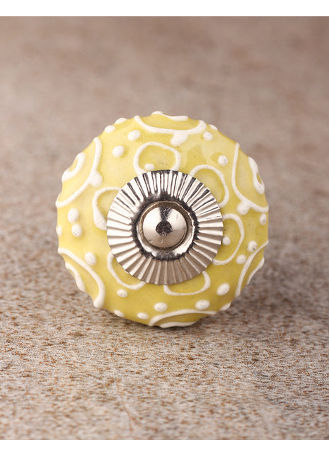 Handmade Yellow Ceramic Knob With White Cracked Embossed Design