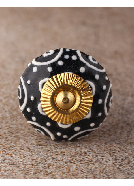 Black Ceramic Cabinet Knob With White Cracked Embossed Design