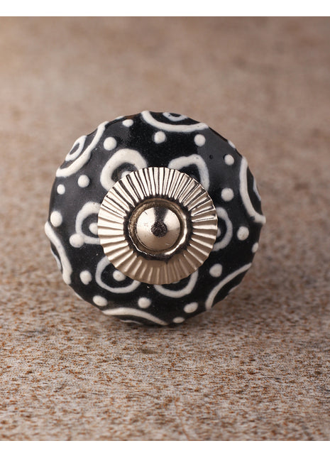 Black Ceramic Cabinet Knob With White Cracked Embossed Design