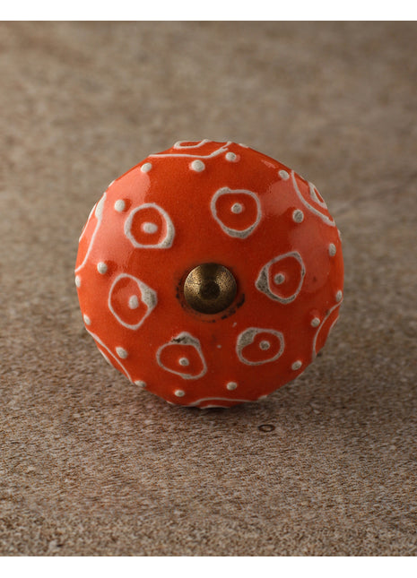 Orange Ceramic Knob With White Cracked Embossed Design