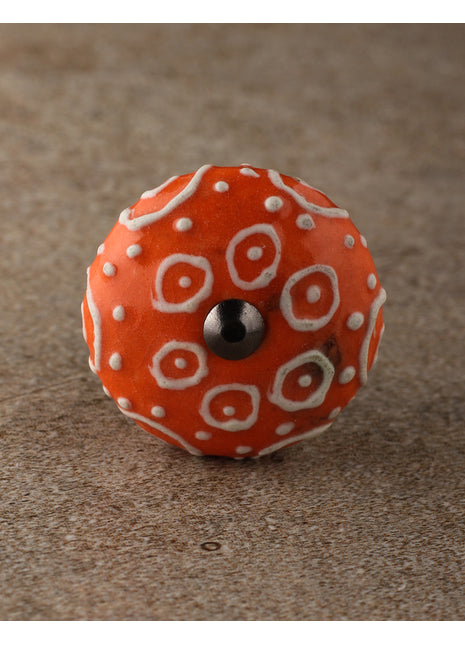 Orange Ceramic Knob With White Cracked Embossed Design