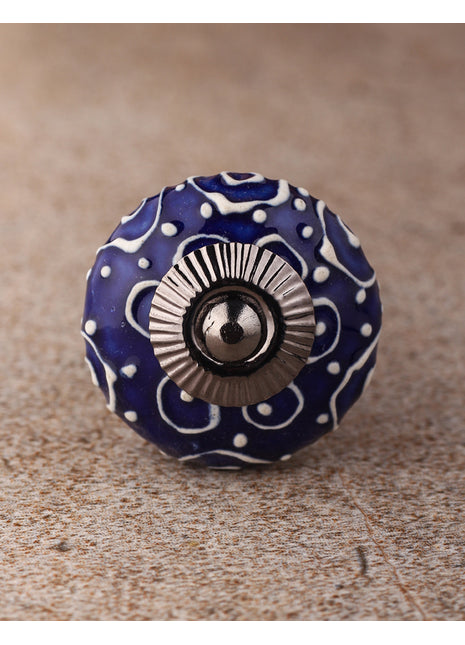 Blue Ceramic Knob With White Cracked Embossed Design
