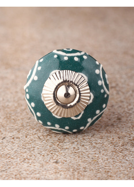 Dark Cyan Ceramic Dresser Knob With White Embossed Design