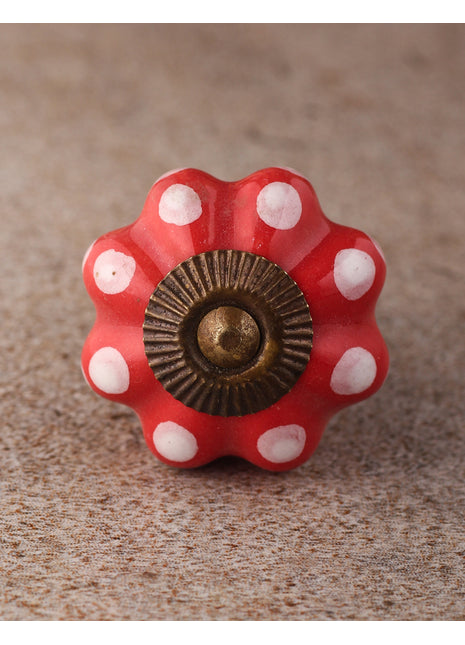 Red Flower Shaped Kitchen Cabinet Knob With White Polka Dots