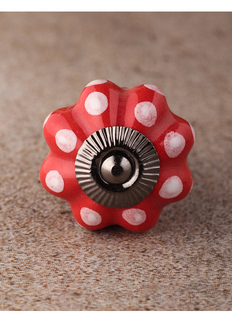 Red Flower Shaped Kitchen Cabinet Knob With White Polka Dots