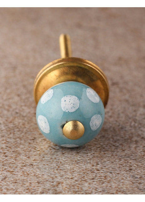 Turquoise Round Cabinet Knob With White Polka Dots