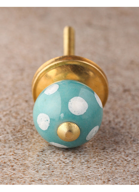 Turquoise Round Cabinet Knob With White Polka Dots