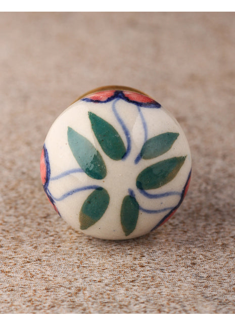 White Round Ceramic Dresser Cabinet Knob With Multicolor Print