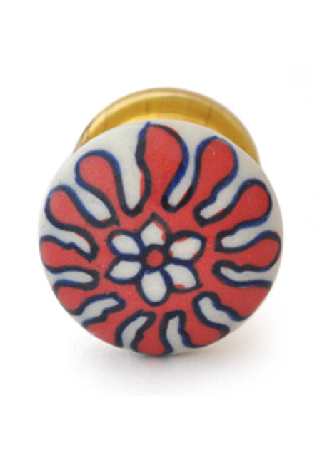 Red Floral Design On White Ceramic Door Knob
