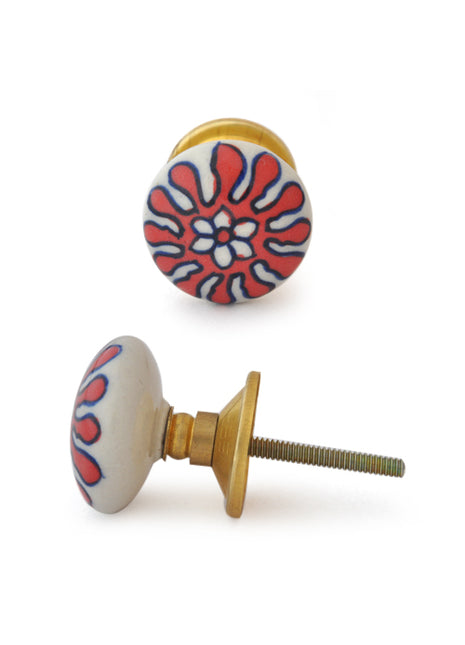 Red Floral Design On White Ceramic Door Knob