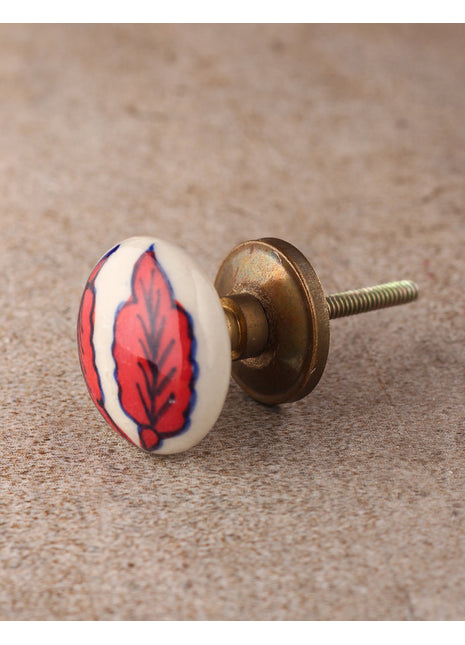 White Ceramic Drawer Cabinet Knob with Red Leaves