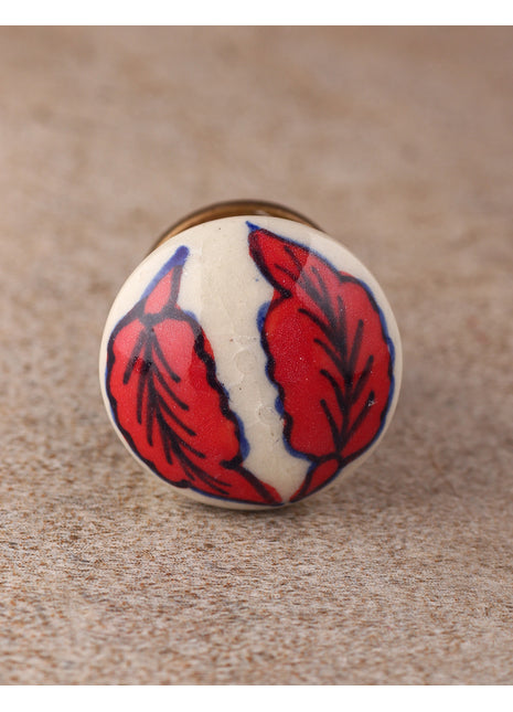 White Ceramic Drawer Cabinet Knob with Red Leaves