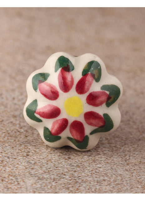 White Ceramic Flower Shaped Door Knob With Multicolor Print