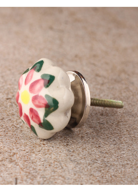 White Ceramic Flower Shaped Door Knob With Multicolor Print