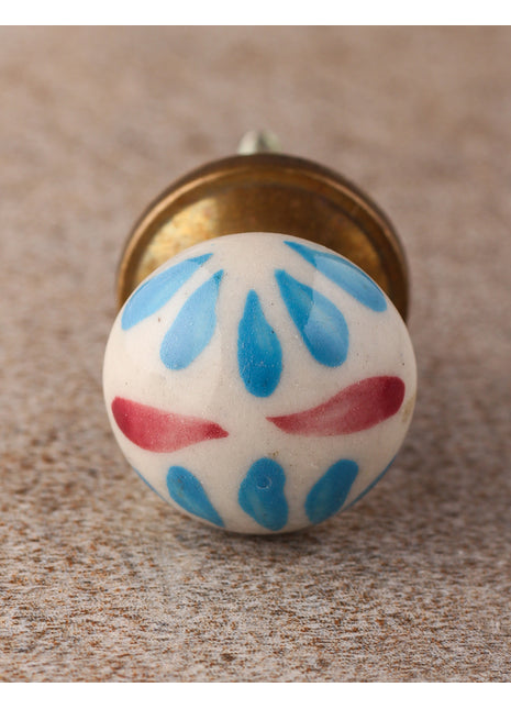 Elegant White Ceramic Door Knob With Turquoise And Red Flowers