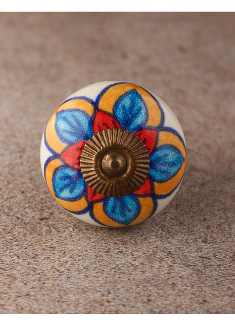 Stylish White Cabinet Knob With Red, Turquoise And Yellow Colored Flower