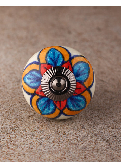 Stylish White Cabinet Knob With Red, Turquoise And Yellow Colored Flower