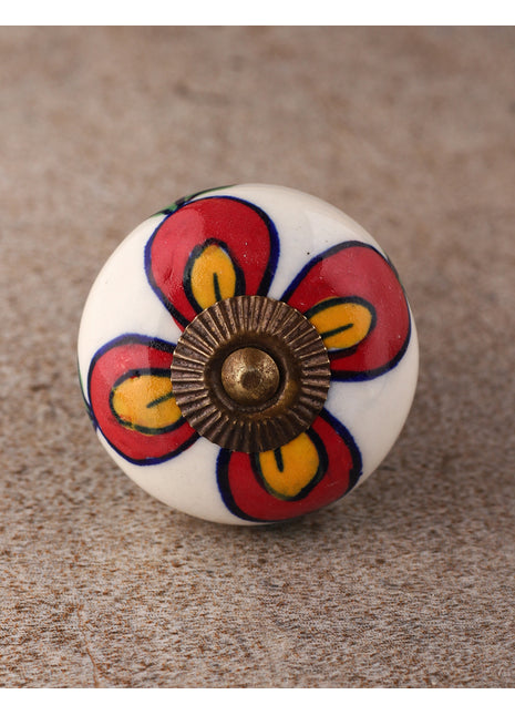 Well Designed White Base Cabinet Knob With Red And Yellow Flower