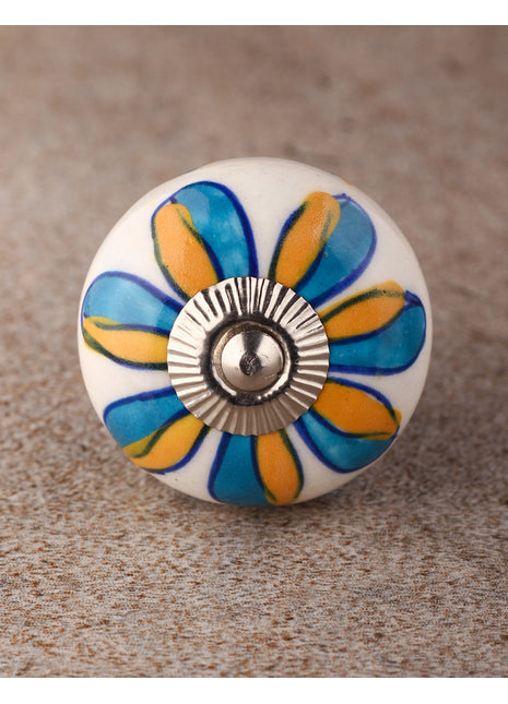 White Base Cabinet Knob With Yellow and Turquoise Flower
