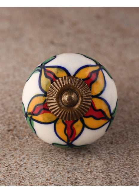 Stylish White Base Ceramic Cabinet Knob With Multicolor Flower