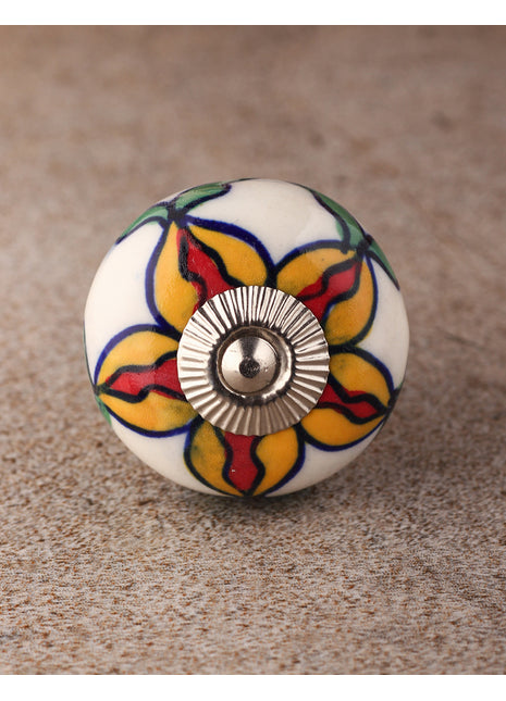 Stylish White Base Ceramic Cabinet Knob With Multicolor Flower