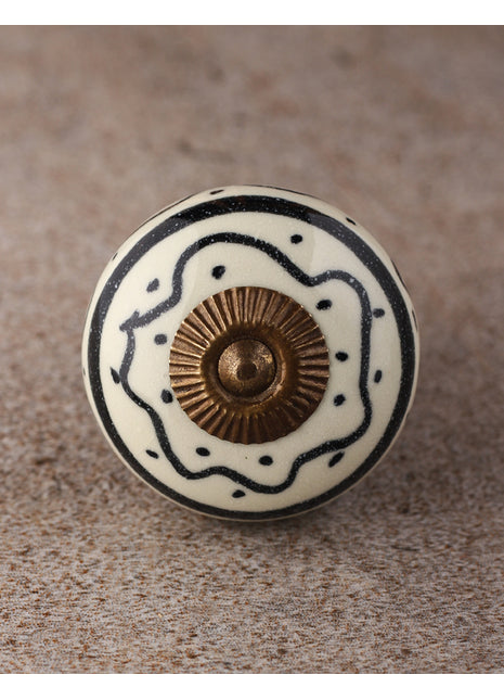 White Round Ceramic Dresser Knob With Black Spiral Print