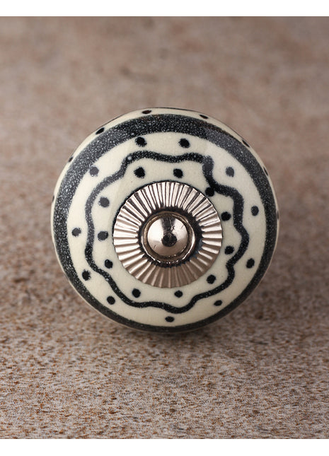 White Round Ceramic Dresser Knob With Black Spiral Print