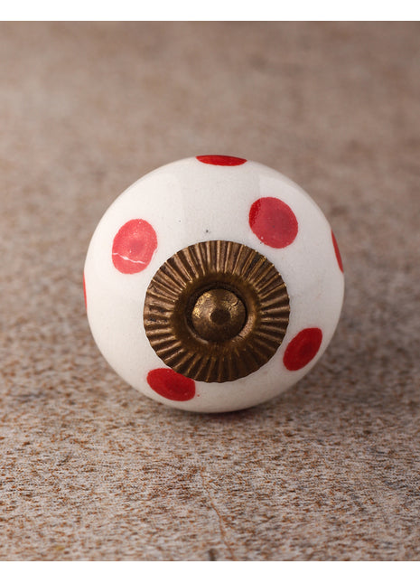 White Round Ceramic Drawer Knob With Red Polka Dots