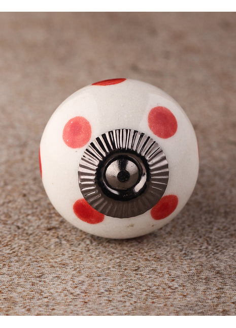 White Round Ceramic Drawer Knob With Red Polka Dots