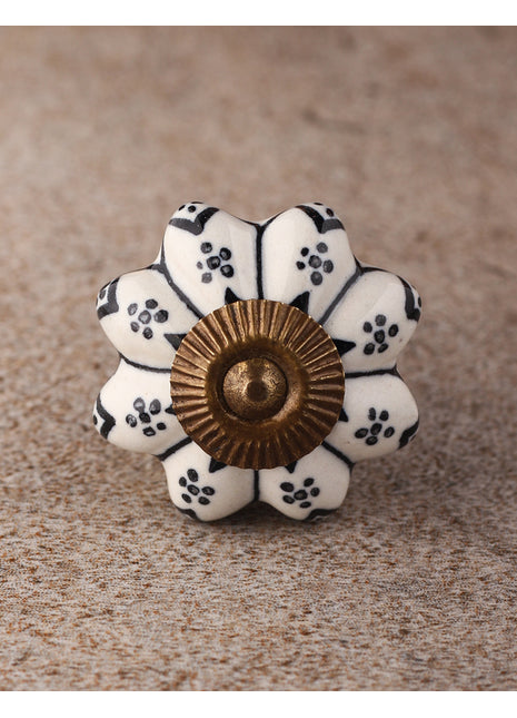 Floral White Royal Ceramic Door Knob With Black Print