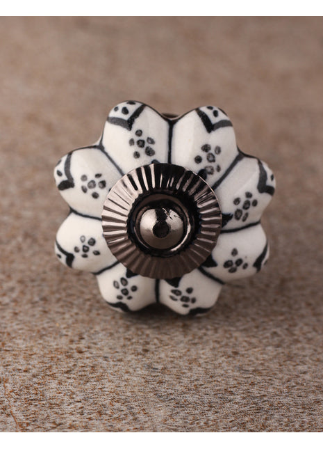 Floral White Royal Ceramic Door Knob With Black Print
