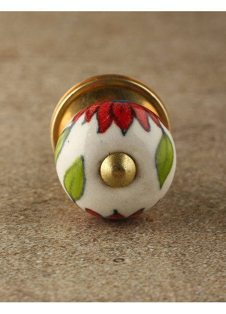White Round Kitchen Cabinet Knob With Red Flowers