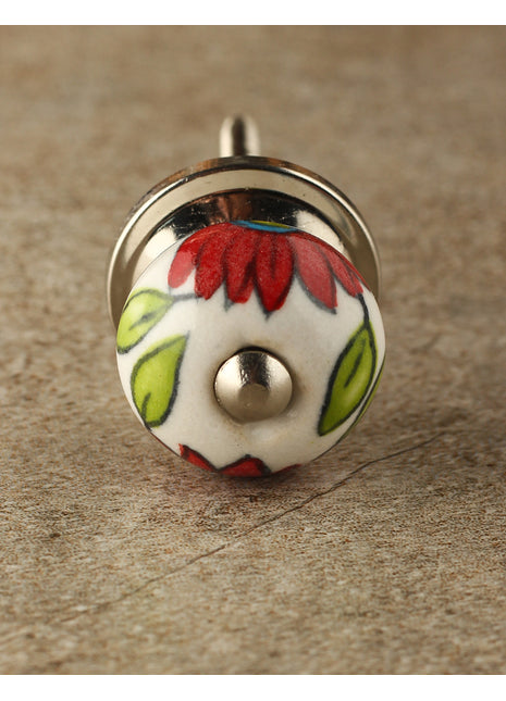 White Round Kitchen Cabinet Knob With Red Flowers
