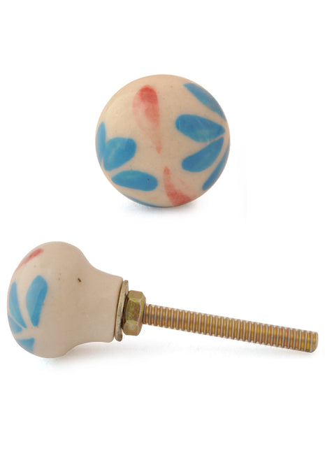 White Base Ceramic Door Knob with Turquoise flower