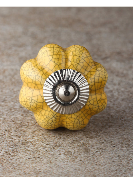 Yellow Cracked Flower Shaped Ceramic Cabinet Knob