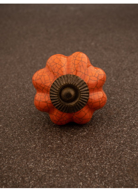 Antique Floral Crackle Orange Ceramic Drawer Knob