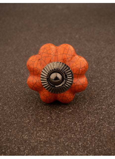 Antique Floral Crackle Orange Ceramic Drawer Knob
