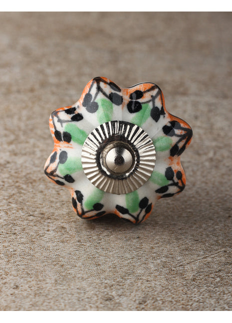 Flower Shaped White Ceramic Knob With Multicolor Designs