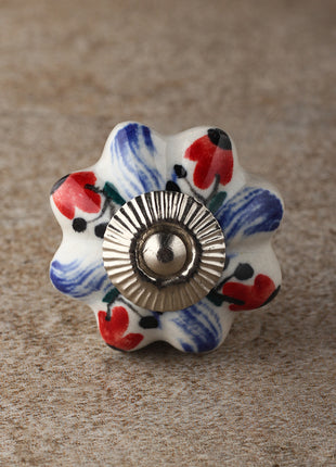 Floral White Royal Ceramic Door Knob With Multicolor Print